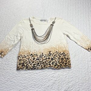 Alfred Dunner Cream and Brown Leopard Print Long Sleeve Blouse size PM